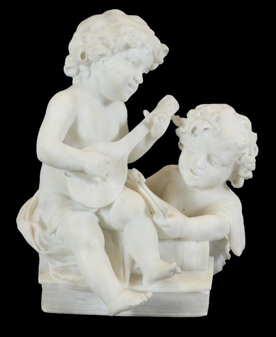 Ottavio Scheggi. A white marble group of two putti with a mandolin and sheet music, H.16in.
